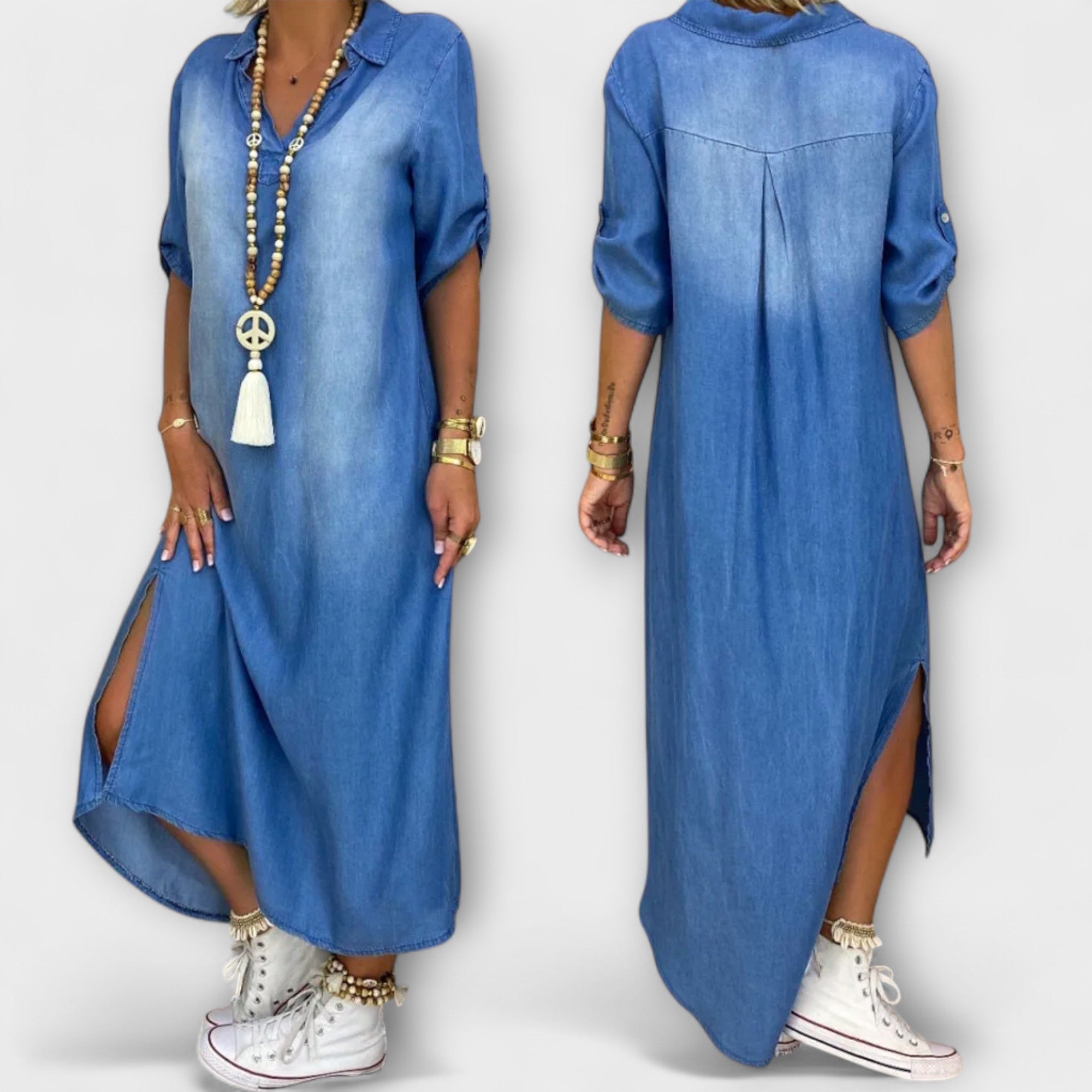 Lea - Langes Denim-Look Kleid mit seitlichem Schlitz