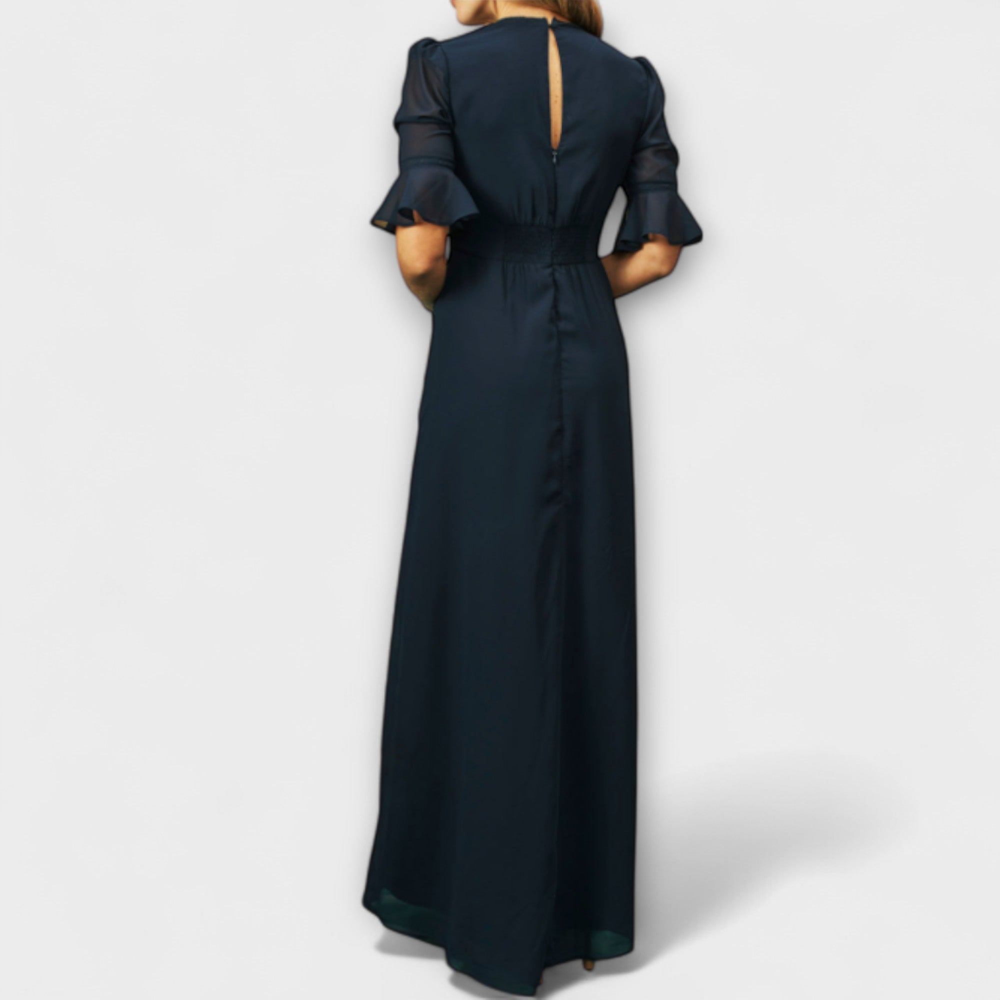 Beatrice - Elegantes Navy Blau Kleid mit Floraler Stickerei