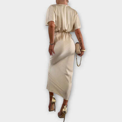 Sable - Elegantes Satin V-Ausschnitt Kreuzknoten Slim Fit Maxikleid