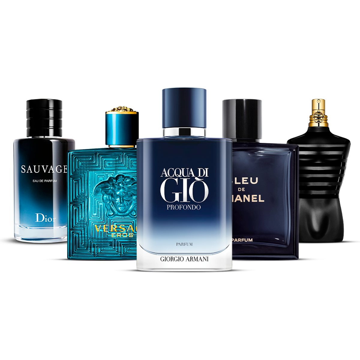 Kombination aus 5 Herren-Düften – Sauvage, Versace Eros, Acqua di Giò Profondo, Bleu de Chanel und Le Male [100 ml jeweils]