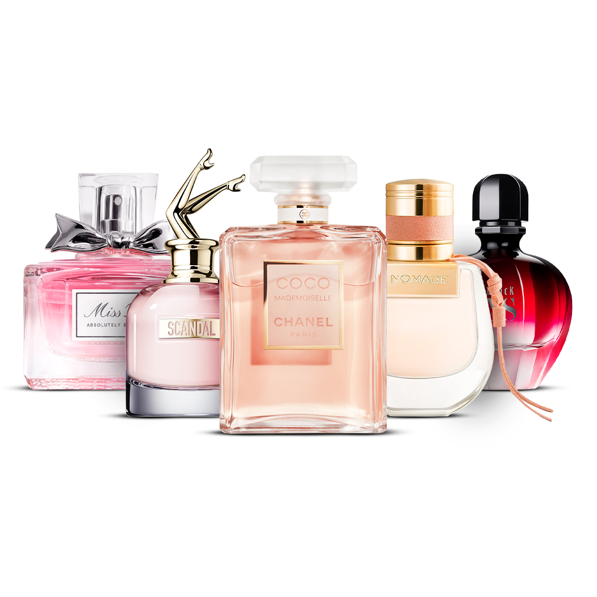 Kombination aus 5 Damenparfums - Miss Dior Absolutely Blooming, Scandal, Coco Mademoiselle, Nomade und Black XS [je 100 ml]