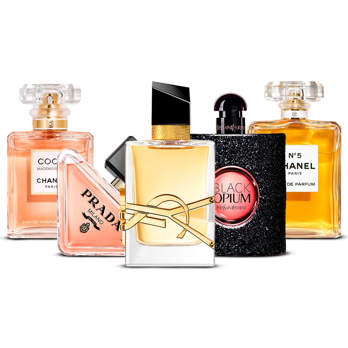Kombination aus 5 Damendüften – Coco Mademoiselle, Prada Paradoxe, Libre, Black Opium und Chanel N°5 [jeweils 100 ml]