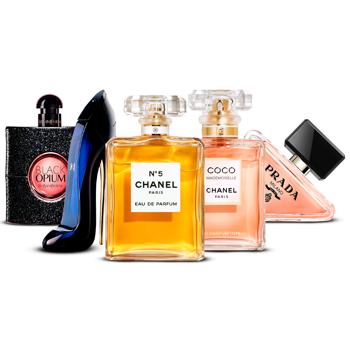 Kombination aus 5 Damenparfums – Black Opium, Good Girl, Chanel N°5, Coco Mademoiselle und Prada Paradoxe [jeweils 100 ml]