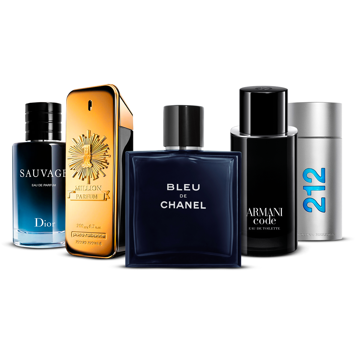Kombination aus 5 Herrenparfums – Sauvage, 1 Million, Bleu de Chanel, Armani Code und 212 Men [jeweils 100 ml]