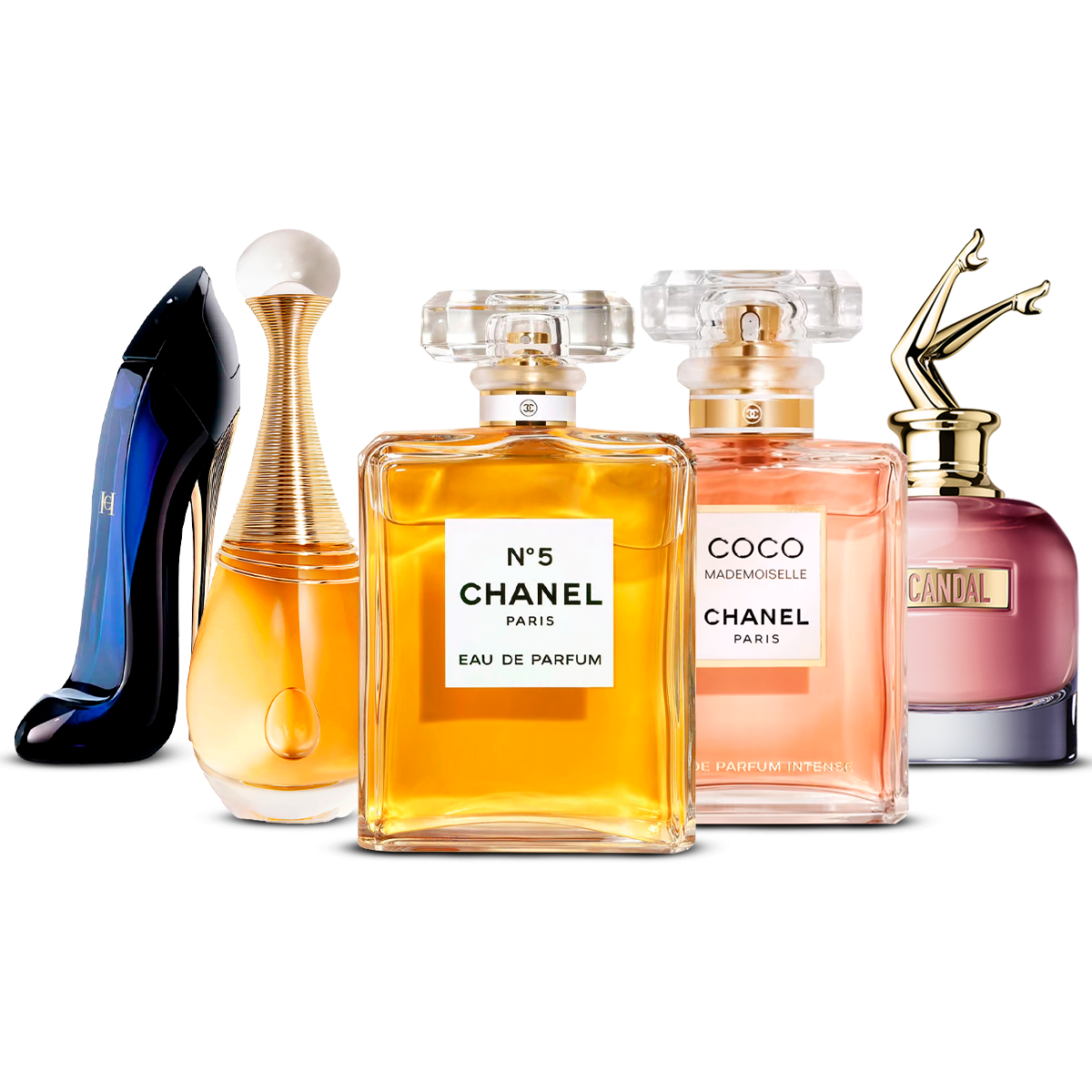 Kombination aus 5 Damenparfums – Good Girl, J'adore, Chanel No. 5, Coco Mademoiselle und Scandal [jeweils 100 ml]