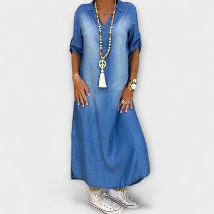 Lea - Langes Denim-Look Kleid mit seitlichem Schlitz