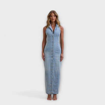 Lacey - Mid-Wash Denim Maxikleid
