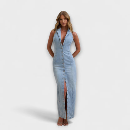 Lacey - Mid-Wash Denim Maxikleid