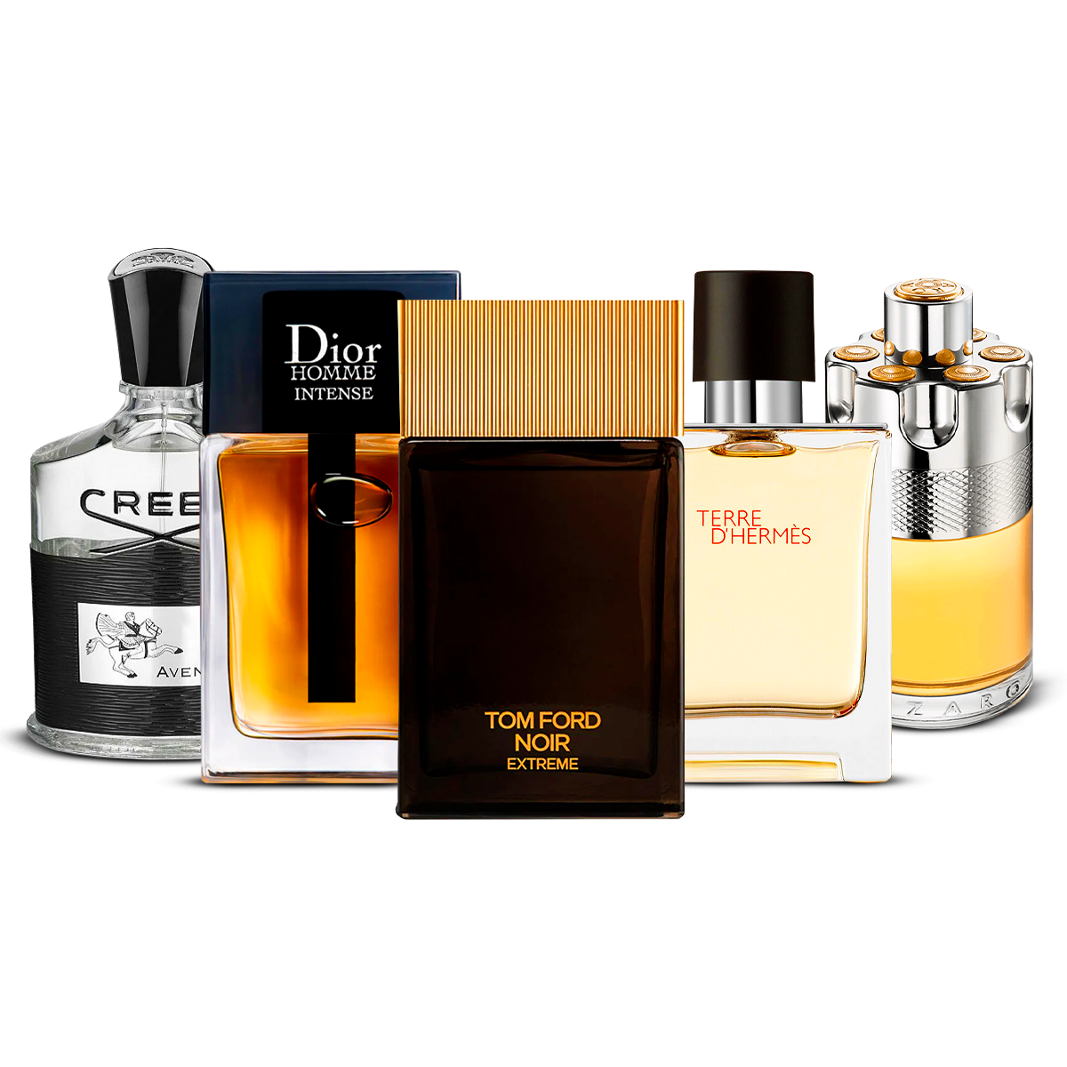 Kombination aus 5 Herren-Düften – Creed Aventus, Dior Homme Intense, Tom Ford Noir Extreme, Terre d'Hermès und Azzaro Wanted [jeweils 100 ml]