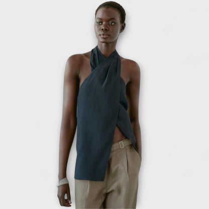 Leah - Blauer Halter-Neck-Top mit Rückenschlitz