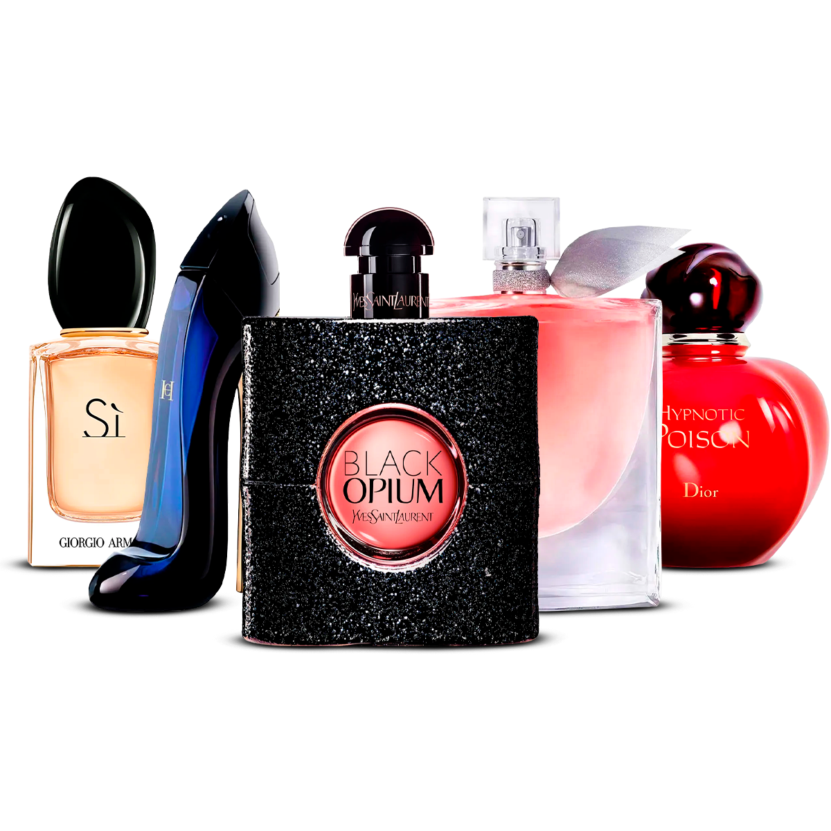 Kombination aus 5 Damenparfums – Sì, Good Girl, Black Opium, La Vie Est Belle und Hypnotic Poison [jeweils 100 ml]