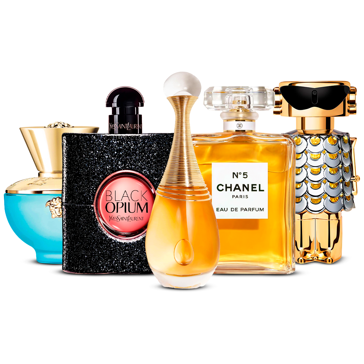 Kombination aus 5 Damenparfums – Versace Dylan Turquoise, Black Opium, J'adore, Chanel Nº5 und Fame [jeweils 100 ml]