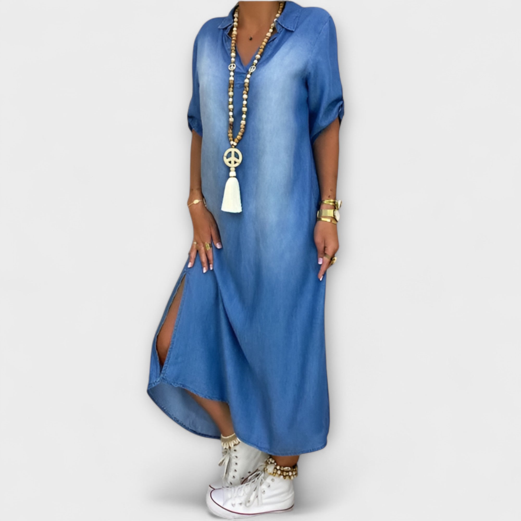 Lea - Langes Denim-Look Kleid mit seitlichem Schlitz