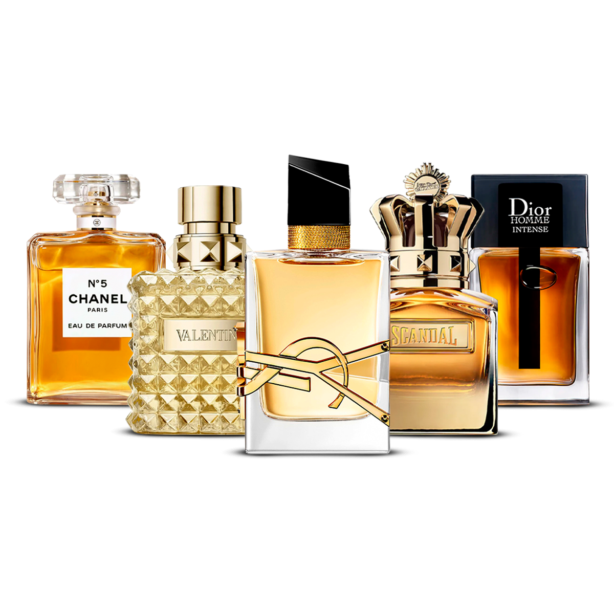 Kombination aus 5 Parfums – Chanel Nº5, Valentino Uomo, Yves Saint Laurent Libre, Scandal Pour Homme und Dior Homme Intense [100 ml jeweils]