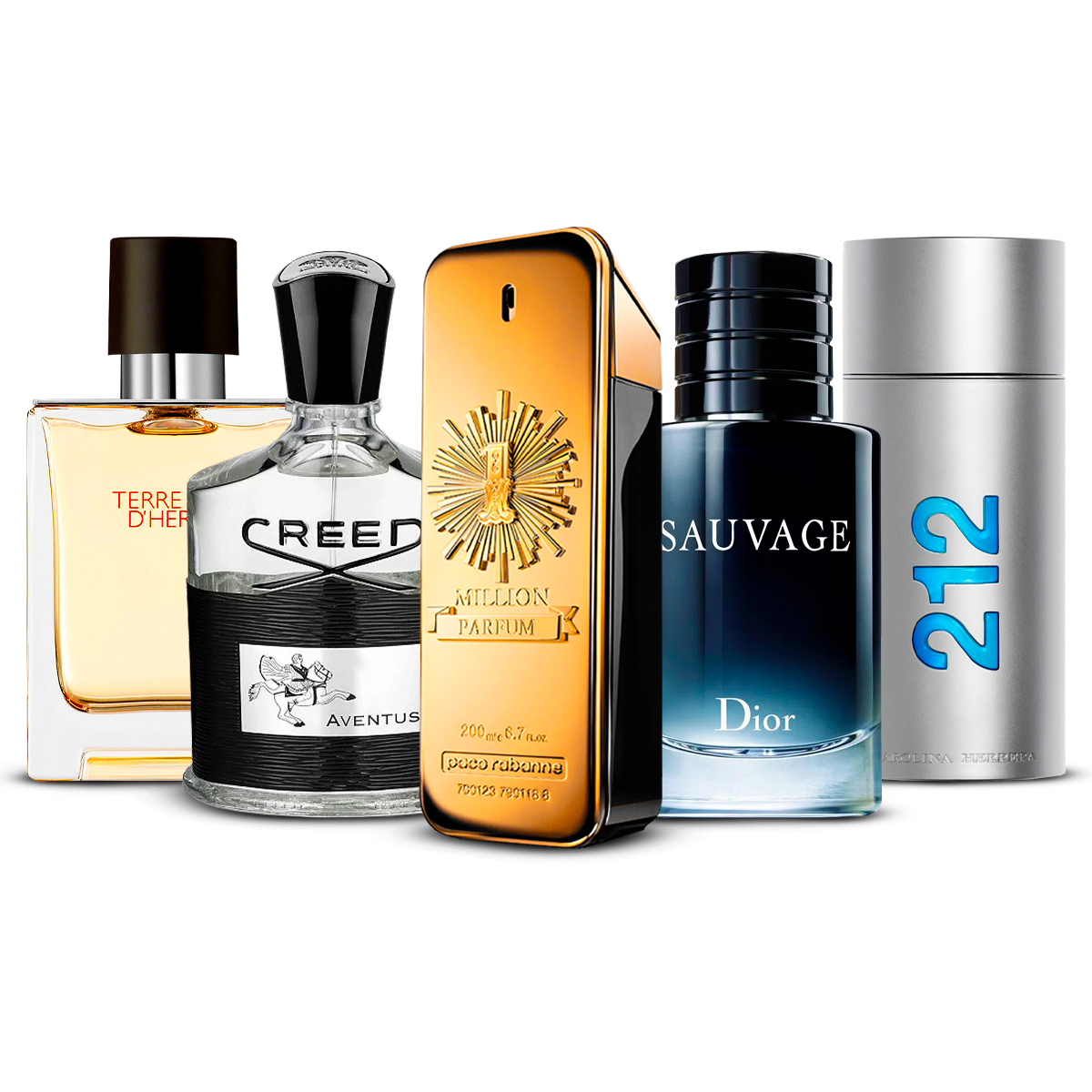 Kombination aus 5 Herrenparfums – Terre d'Hermès, Creed Aventus, 1 Million, Sauvage und 212 Men [jeweils 100 ml]