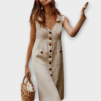 Nora – A-Linien Kleid aus Baumwolle-Leinen mit eingekerbtem Kragen