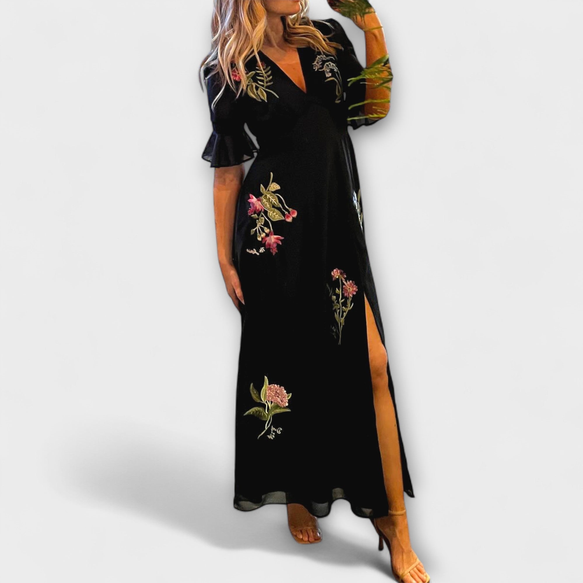 Beatrice - Elegantes Navy Blau Kleid mit Floraler Stickerei