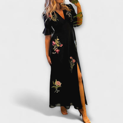 Beatrice - Elegantes Navy Blau Kleid mit Floraler Stickerei