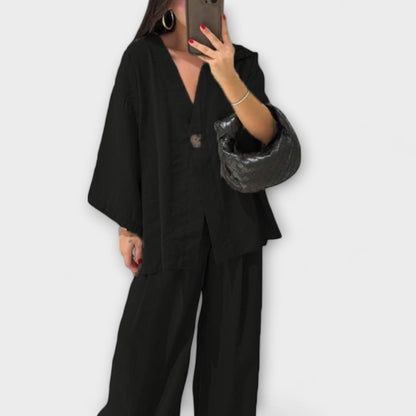 Jacqueline - Lässiges V-Ausschnitt Top und Hosen Duo