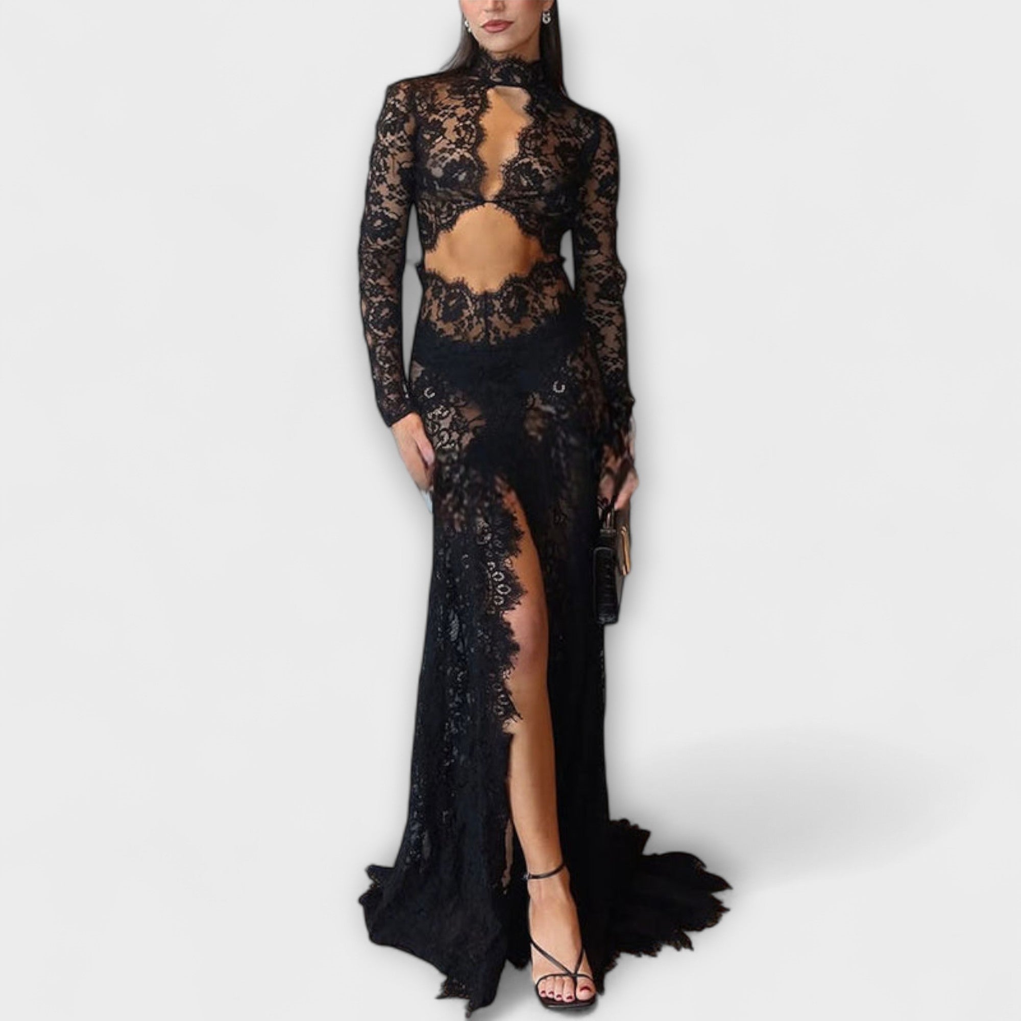 Azalee - Midnight Elegance Transparentes Cutout Langarm Stretch Maxikleid