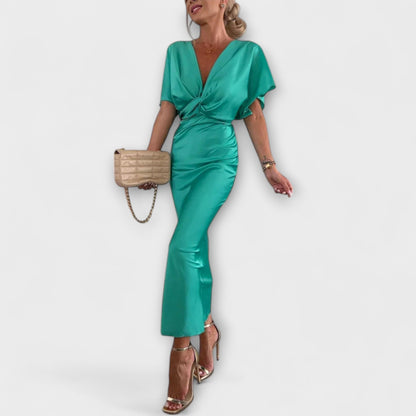 Sable - Elegantes Satin V-Ausschnitt Kreuzknoten Slim Fit Maxikleid