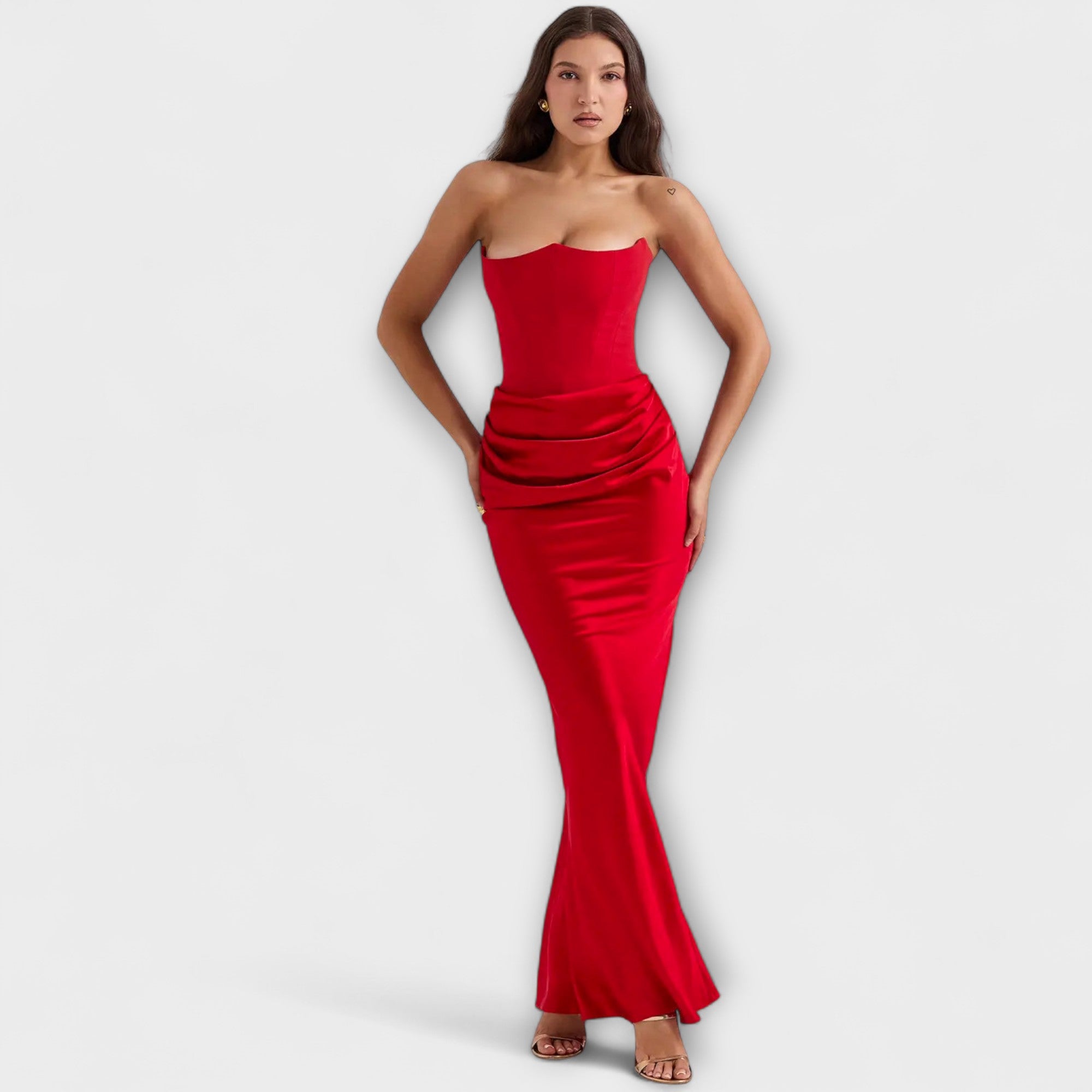 Off-Shoulder Satin Maxikleid mit Drapierung