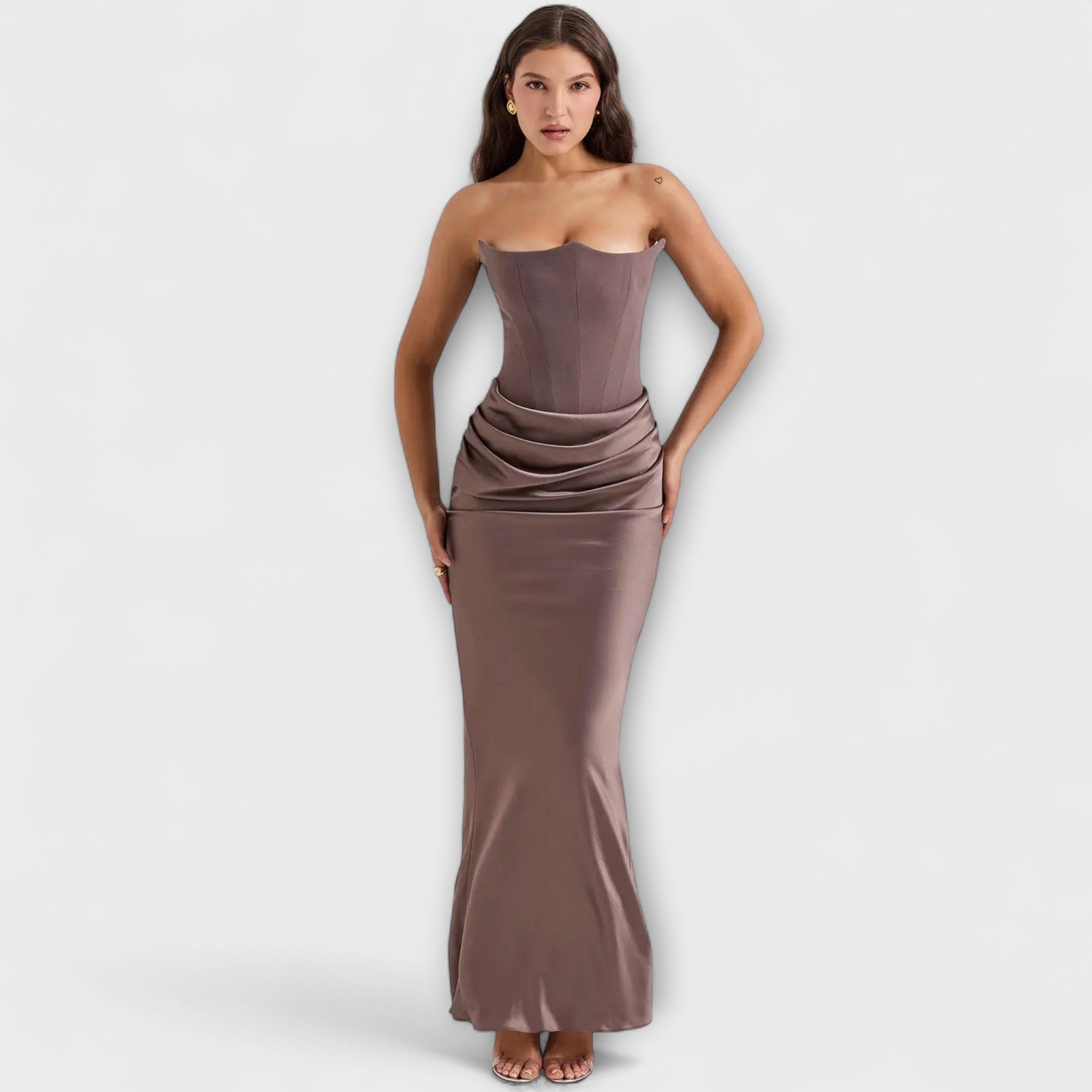 Off-Shoulder Satin Maxikleid mit Drapierung